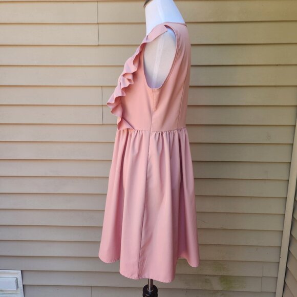 SHEIN Pink V-Neck Dress Ruffle Trim Solid Side Zip Sleeveless - Picture 5 of 13